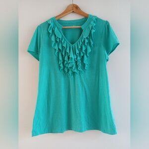 a.n.a A New Approach Teal Ruffle V-Neck Short Sleeve Top Blouse -Women's Size XL